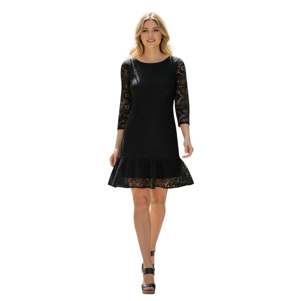 Free People Coquette Black Floral Lace Ruffle Hem Mini Dress 3/4 Sleeve S